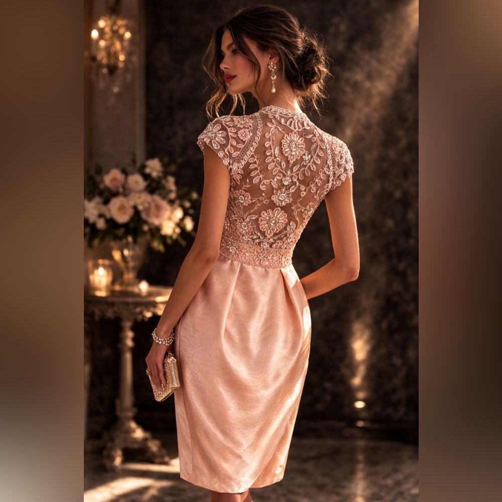 Sue Wong Sheath dress, peach,beaded, embroidered & sequin accents. Wedding Guest